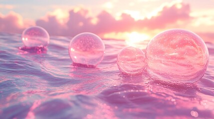 Pink bubbles floating on the water Pink clouds
