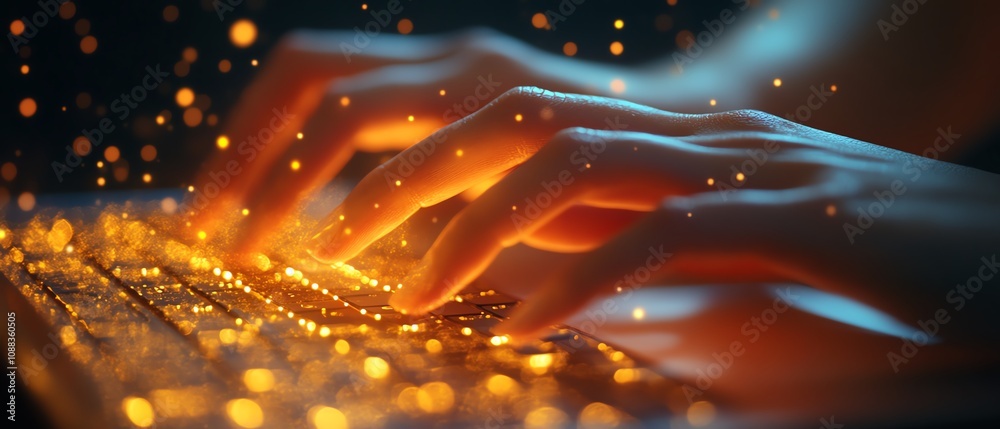 Fototapete Closeup of backlit female hands on notebook keyboard, glowing business chart, and AI binary code nodes, blurry background, financial growth, and marketing concept, double exposure
