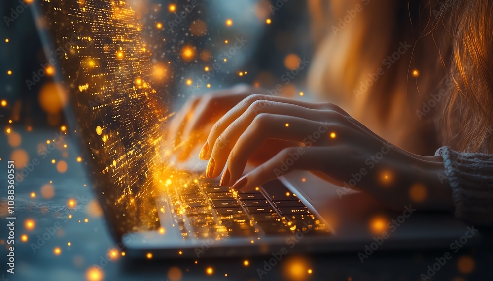 Leinwandbilder closeup of backlit female hands typing on notebook keyboard with glowing business chart and ai binar