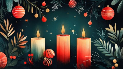 Festive holiday card design showcasing glowing candles surrounded by vibrant ornaments, greenery, and a dark backdrop with space for personalized text.