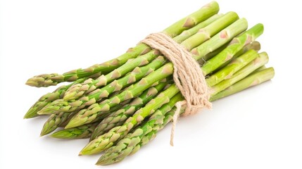 A bundle of fresh green asparagus spears, Their slender forms exuding vitality, Set against an isolated white background to underscore their crispness 