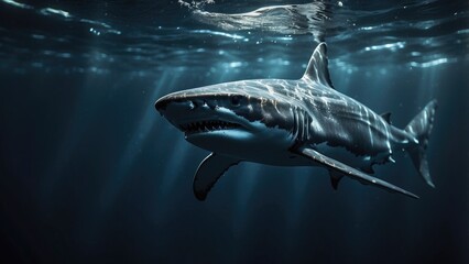Fototapeta premium An frightening and mesmerizing aquatic image is created by an illuminated shark moving underwater in a dark sea with