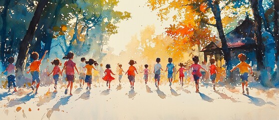 Naklejka premium Vibrant Watercolor Community Festival with Children
