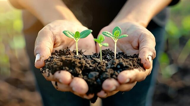 Close-up of a hand holding soil with young seedlings growing