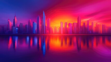 Vibrant futuristic urban city skyline at sunset with reflective water, showcasing colorful digital art and towering skyscrapers in bold hues.
