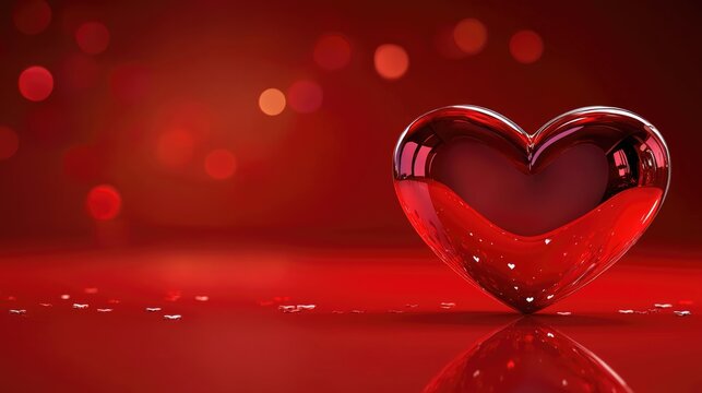 Romantic Valentine's Day backdrop featuring a glossy red heart on a vibrant red surface, designed for text placement with a soft bokeh effect.