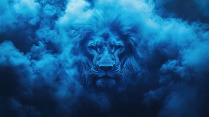 Tableau sur plexiglas  Lion of Judah Emerges from Mystical Blue Smoke Symbolizing Strength and Victory in Faith  © AImmersive Imagery