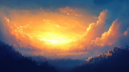 Fototapeta premium Dramatic orange sunset illuminates fluffy clouds against a deep blue sky, creating a breathtaking and serene nature backdrop.