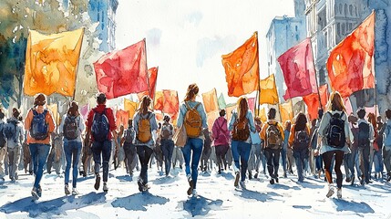 Peaceful Rally with Colorful Banners in Watercolor Style