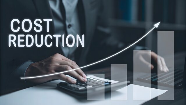 Cost reduction concept. Businessman working on company cost saving. Cost wording on decrease money with down arrow ,business person holding a graph.AI GENERATED