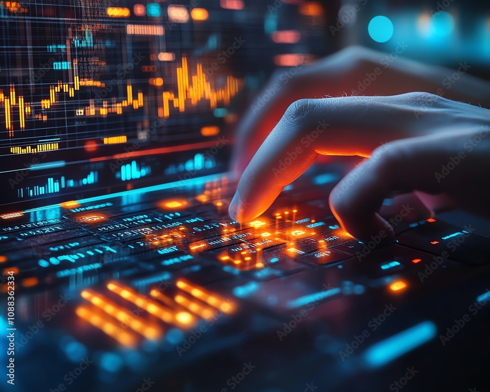 Aufkleber Closeup of male hands on keyboard with glowing business chart and AI binary code nodes, blurry background, virtual marketing and finance concept, double exposure