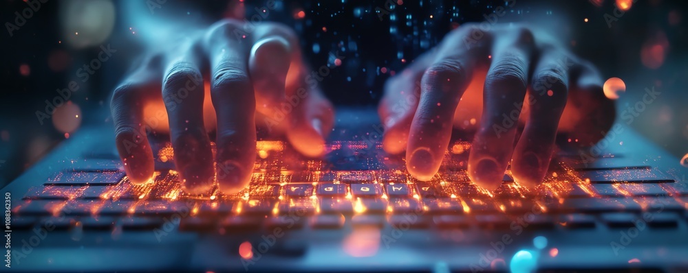 Aufkleber closeup of male hands on keyboard with glowing business chart and ai binary code nodes, blurry backg