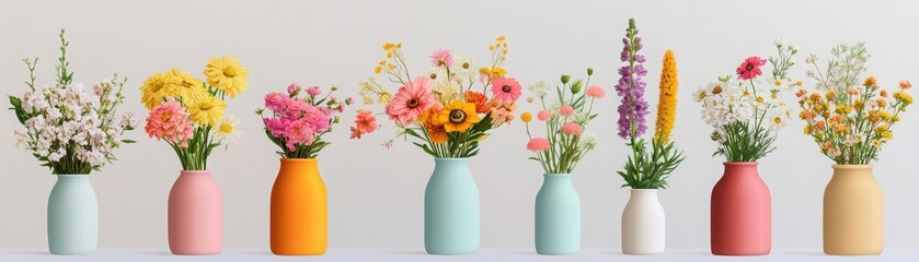 Fototapeta premium A vibrant collection of flowers in decorative vases, showcasing a variety of colors and types, perfect for home decor or events.