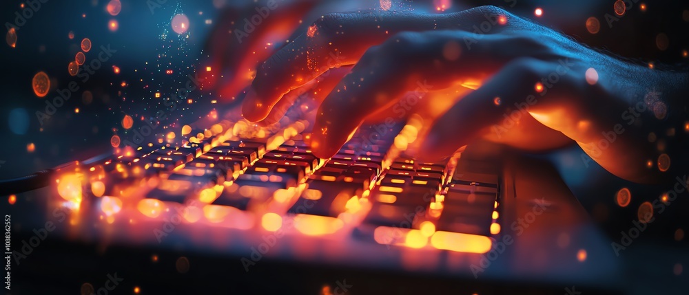 Aufkleber closeup of male hands typing on keyboard, glowing business chart, ai binary code nodes, blurry backg