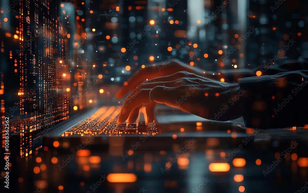 Poster closeup of male hands typing on keyboard with glowing business chart and ai binary code nodes, blurr