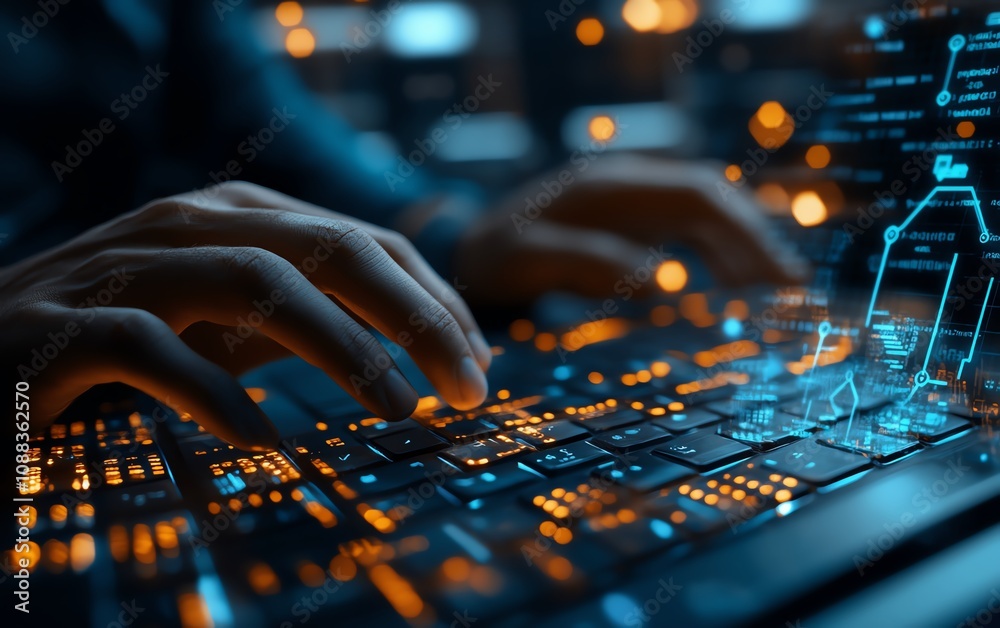 Poster closeup of male hands typing on keyboard with glowing business chart and ai binary code nodes, blurr