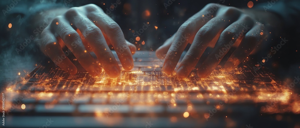 Poster closeup of male hands typing on keyboard, glowing business chart, ai binary code nodes, blurry backg