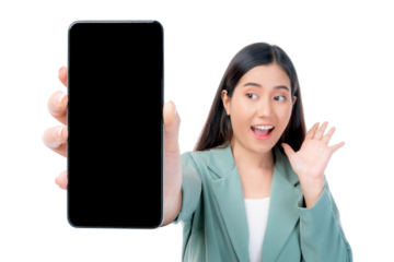 beautiful Asian young woman ,Excited surprised girl showing smart phone with blank screen , black screen for Mobile App Advertising isolated on a transparent png background