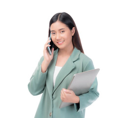 business woman , beautiful Asian girl whit suit using smart phone shopping online and online banking isolated on a transparent png background , business concept