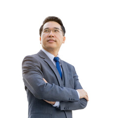 Portrait Asian business man wear a suit  , senior visionary executives leader with business vision isolated on a transparent png background - lifestyle business people concept