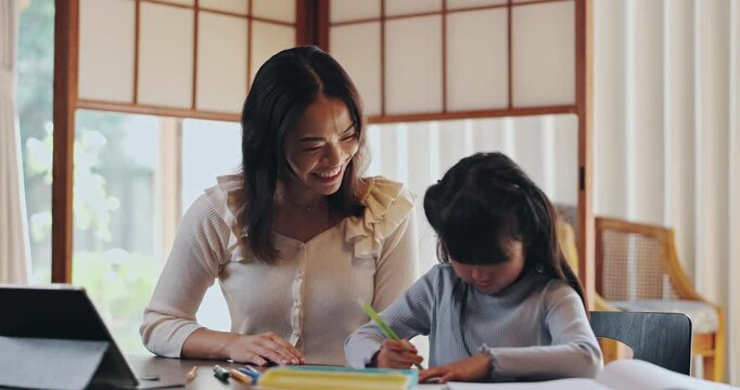 High five, homework and Asian mom with child in home for learning, teaching and studying. Family, success and happy Japanese mother and girl on tablet for education, knowledge and school project