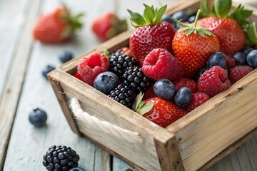 Frische Beeren in rustikaler Holzkiste – Farbenfrohe Obstkomposition für kulinarische Designs