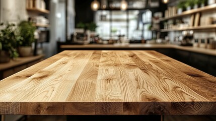 Light Brown Wooden Tabletop Blurry Cafe Background