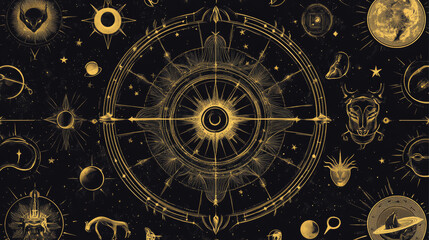 Zodiac symbols in gold, on a black background.  A design using geometric shapes.