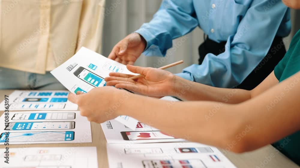 Poster panorama video of startup ux developer or company employee design user interface or ui prototype for