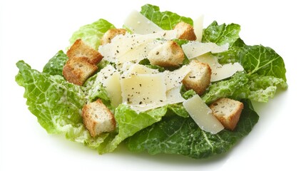 A classic Caesar salad with crisp romaine lettuce, garlic croutons, shaved Parmesan cheese