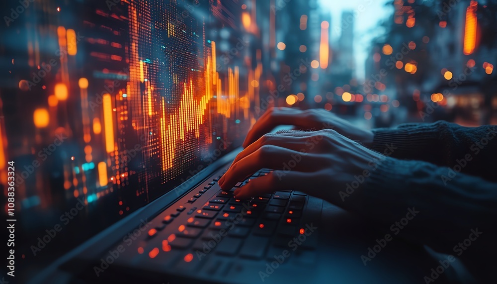 Leinwandbilder male hands typing on keyboard with creative glowing business chart and binary code nodes, blurry bac
