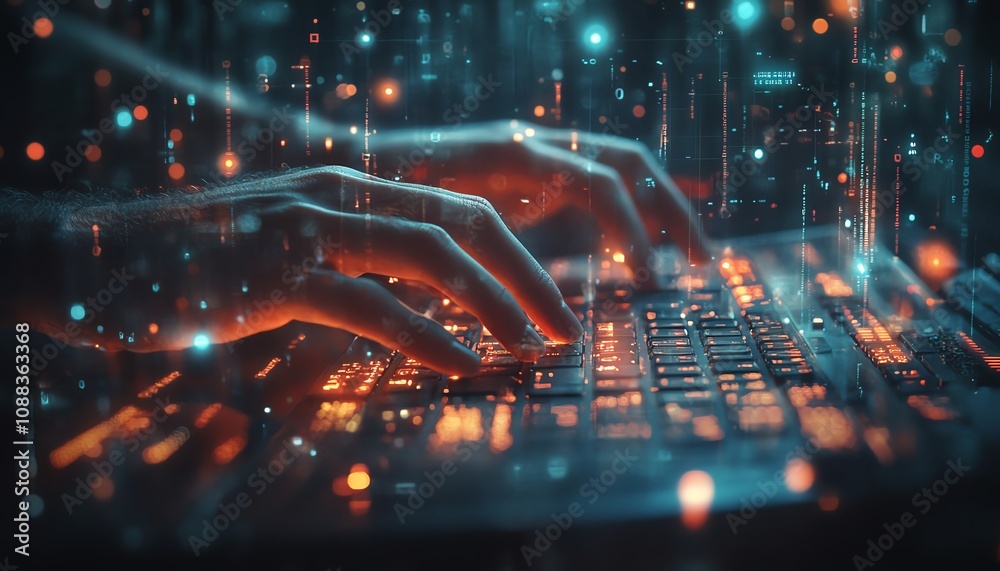 Fototapete Male hands typing on keyboard with glowing business chart and binary code nodes, blurry background, virtual finance, and marketing concept, double exposure