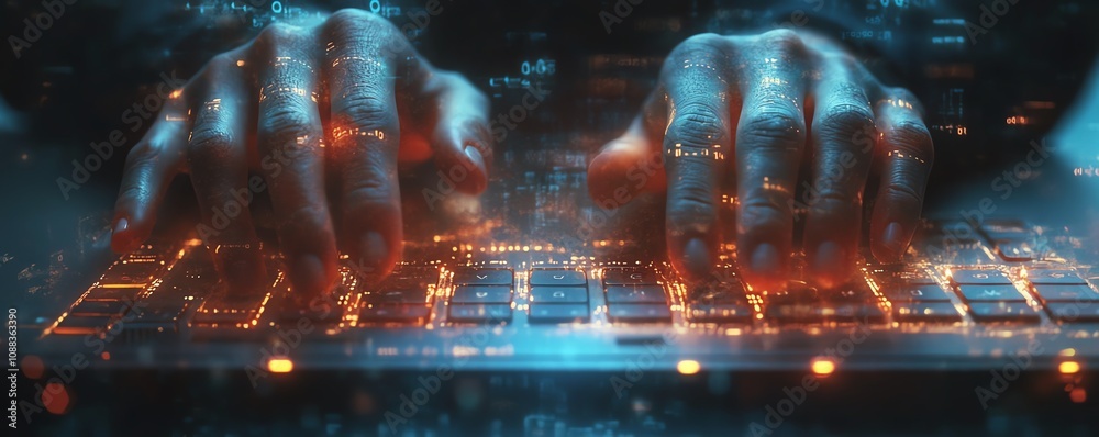 Aufkleber Male hands using keyboard with creative glowing business chart and binary code nodes, blurry background, virtual marketing, financial growth, and AI concept, double exposure