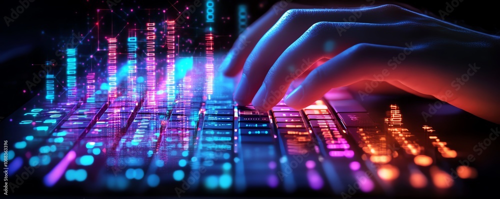 Poster male hands using keyboard with creative glowing business chart and binary code nodes, blurry backgro