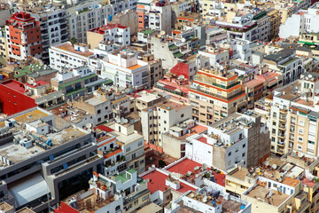 Aerial view of rooftops with antennas and solar panels in downtown Casablanca. Morocco