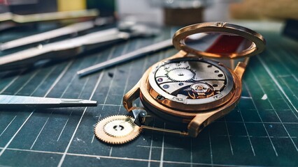Damaged watch on a repair desk highlighting intricate restoration work  

