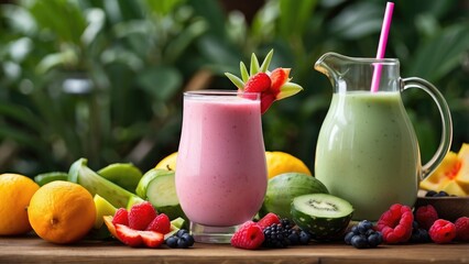 A vivid and healthful drink setting including a refreshing aloe vera smoothie in a glass jug surrounded by luscious tropical