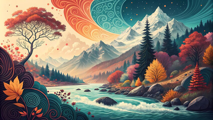 An abstract serene illustration of a lush, green forest reflecting on a calm lake under a vibrant autumn sky
