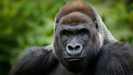 Gorilla portrait in the jungle, staring at the camera with a green background  
