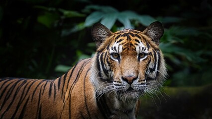 Obraz premium Close-up of a Sumatran tiger standing in the jungle, staring at the camera 
