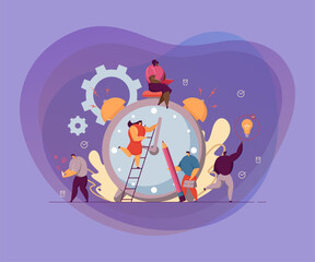 Tiny multitasking people and countdown of alarm clock isolated flat vector illustration. Cartoon characters working in team with chronometer. Time management and business concept