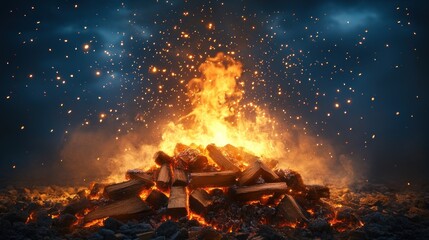 Fire is burning on a pile of dry firewood, creating smoke and tiny sparks floating into the sky, giving a warm and fiery atmosphere.