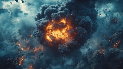 Obraz premium A fireball from an explosion shoots up into the sky, covered in thick black smoke, conveying a sense of great power and excitement.