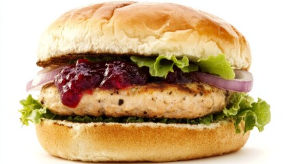 A classic turkey burger with a seasoned turkey patty, melted provolone cheese, cranberry sauce