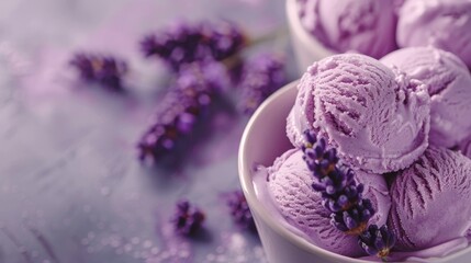 Pastel Ice Cream and Cake Fantasy. Scoops on a Table in a Dreamy, Charming  Soft Lavender Background
