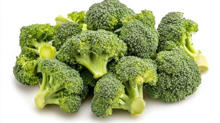 A cluster of fresh, green broccoli florets with their tree-like shapes and bumpy textures, Each broccoli’s vibrant color and subtle imperfections captured with precision