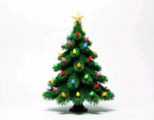 Obraz premium A colorful Christmas tree with green pine branches, red and blue ornaments, and a star on top, white background