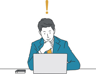 ノートパソコンを見ながら納得している男性ビジネスマンのシンプルイラスト