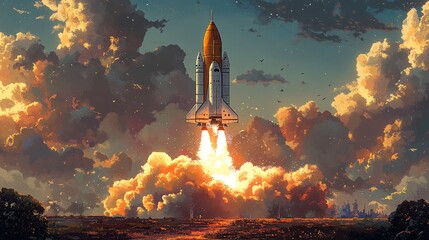 Obraz premium A space rocket launch in the desert, illustration style, digital art, high resolution, high detail, orange and blue tones, white clouds in background,