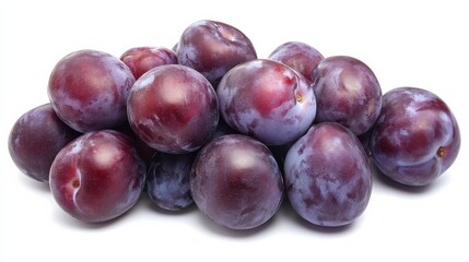 A cluster of plump, purple plums arranged elegantly, Each plum showcasing its smooth skin and slight bloom